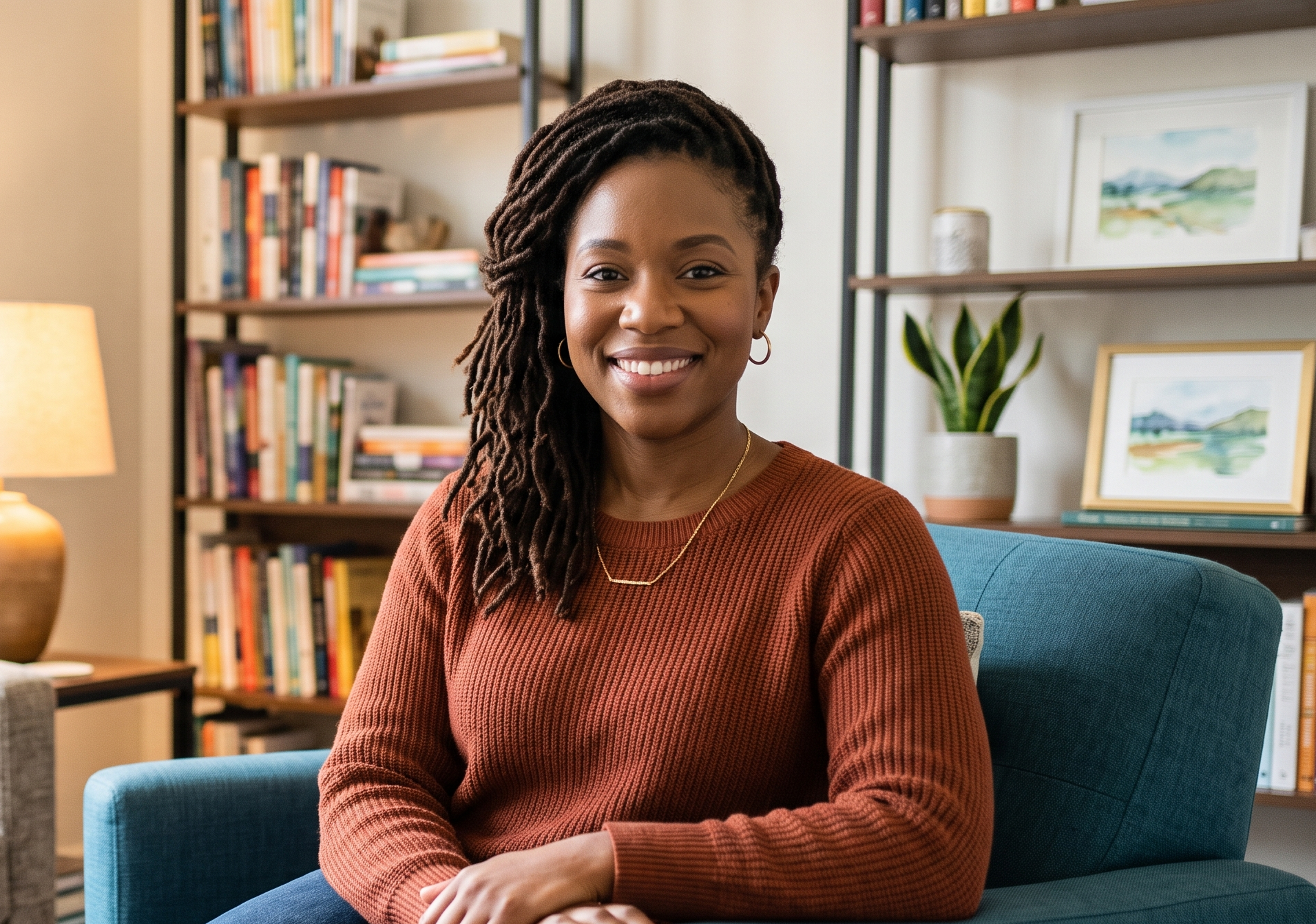 Mental health professional smiling during a client session