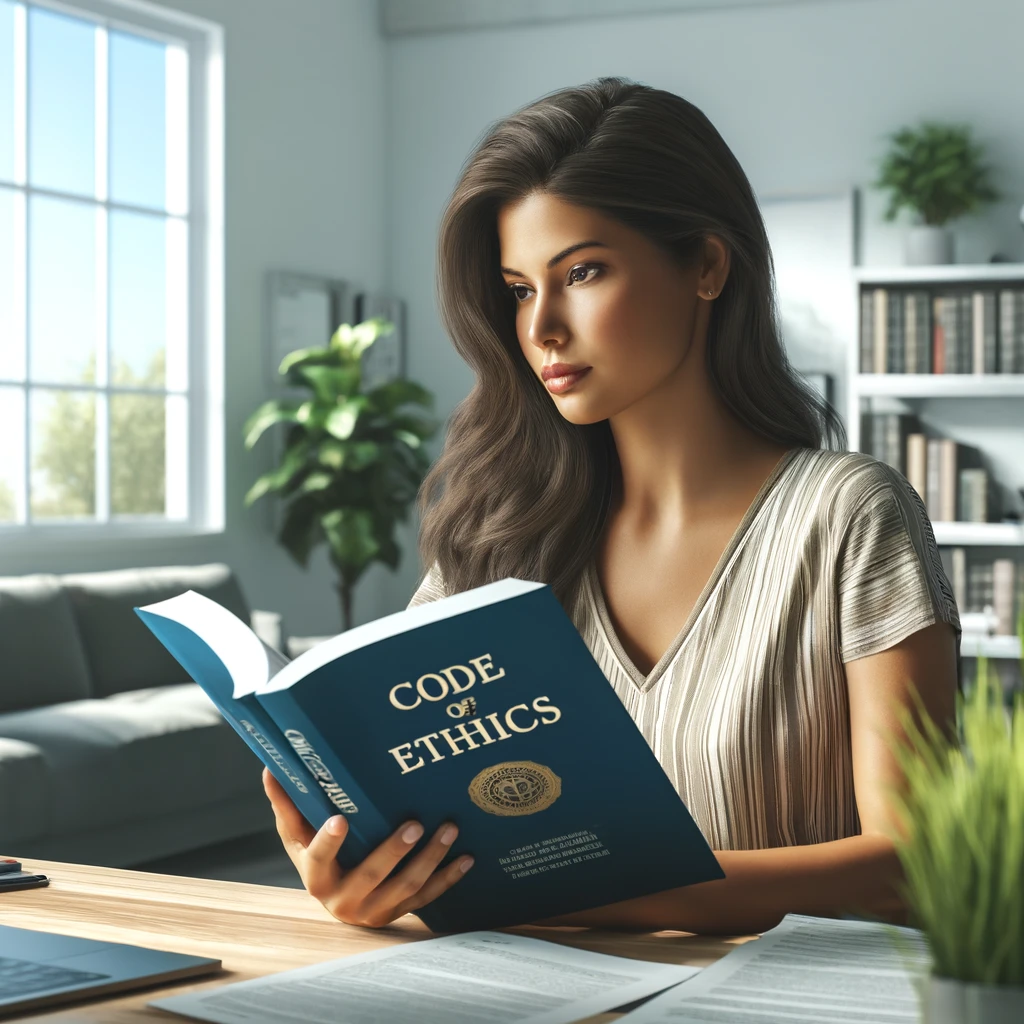 The image depicts a Hispanic female social worker studying the Code of Ethics for her ASWB exam in a bright, well-lit environment, highlighting her dedication and the serene focus required for understanding the ethical standards of her profession.