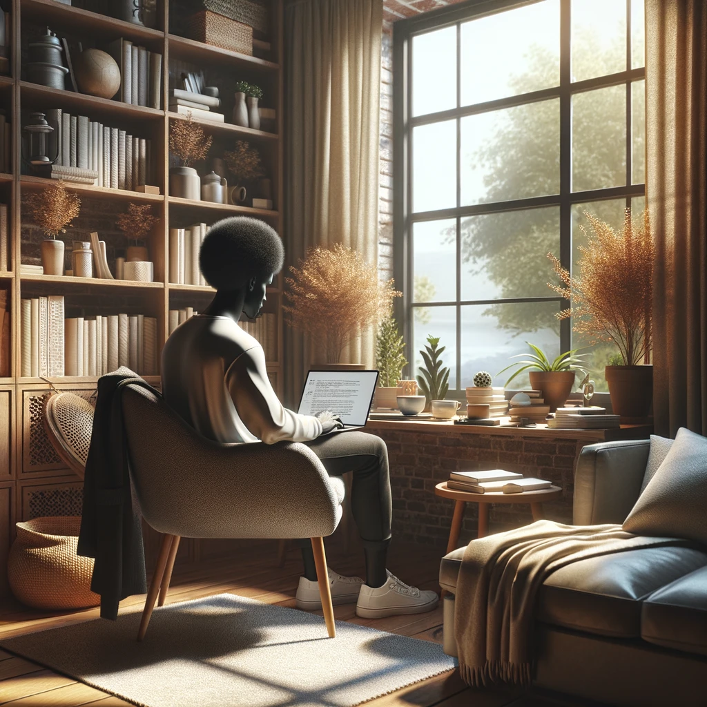 The image showcases a black social worker studying for the ASWB exam in a cozy and inviting environment, combining the serenity of a peaceful setting with the focus required for effective learning.