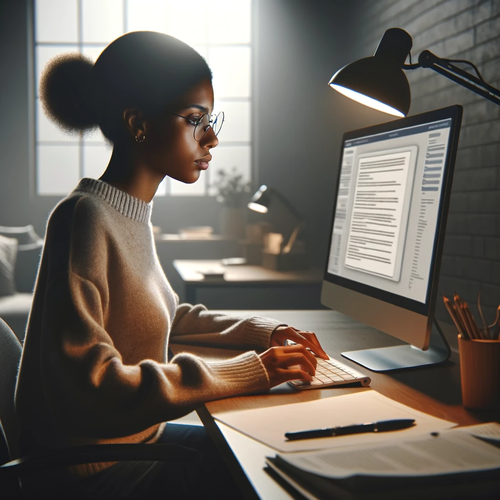 The image depicts an aspiring black woman social worker taking a practice exam on a computer, capturing her focus, determination, and dedication to her future career in a well-lit, organized study environment.