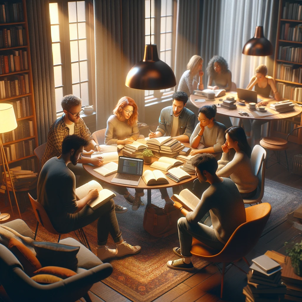 The image captures a diverse study group in a small, warmly lit environment, showcasing a scene of collaboration, mutual support, and the sharing of diverse perspectives, all contributing to a sense of community and shared academic growth.