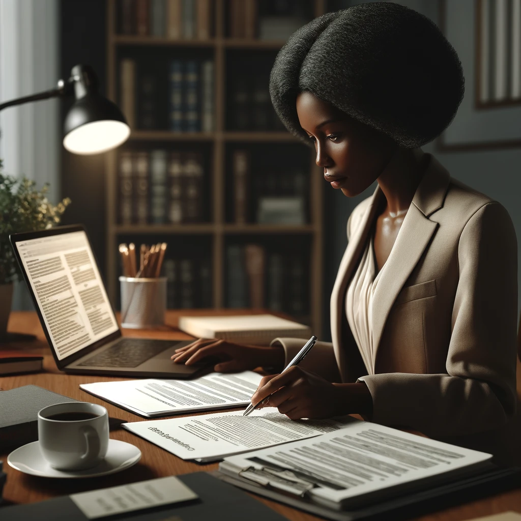The image is depicting a black female social worker intently focused on a detailed study plan, set in a workspace that embodies professionalism and dedication to continuous learning.
