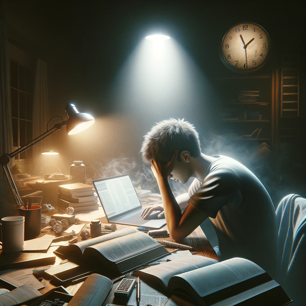 A student deeply immersed in a last-minute cramming session during an all-nighter, highlighting the stress and urgency of preparing against time in a dimly lit, focused environment.