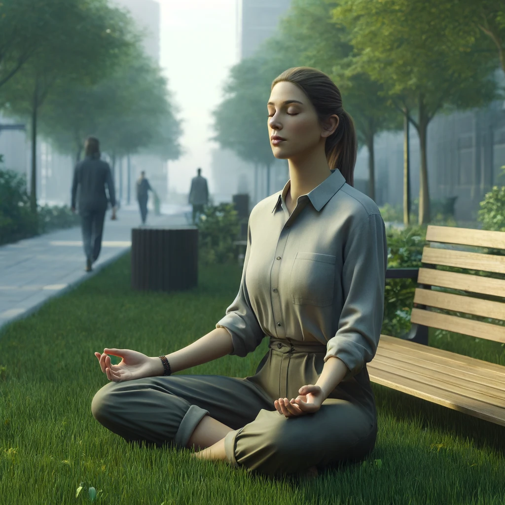 The image portrays a female social worker practicing mindfulness in a realistic urban park setting, dressed in everyday casual wear, capturing a moment of meditation and self-care amidst a natural, serene environment.

