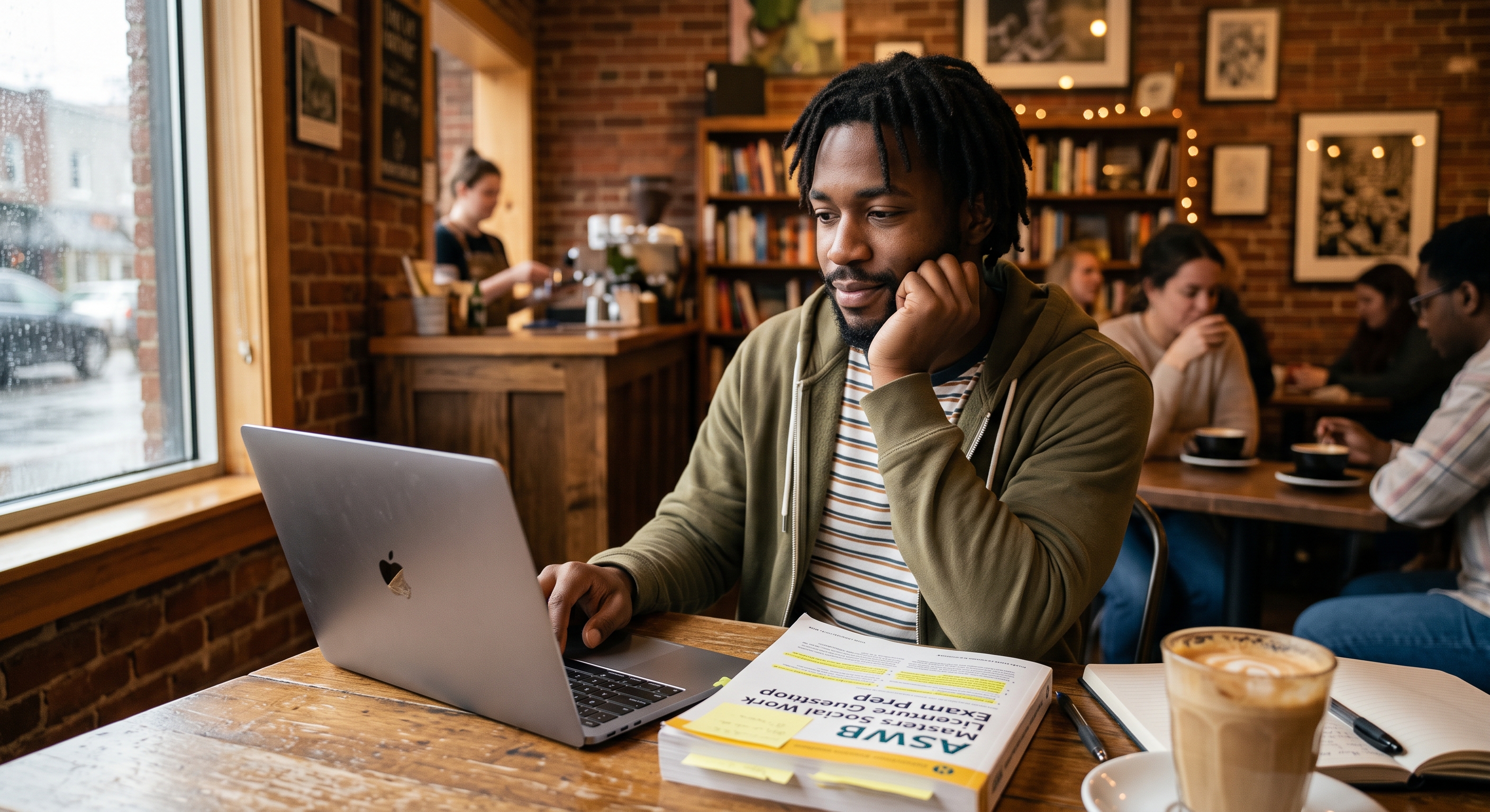 a diverse 20 something male student studying for the ASWB exam in a warm coffee nook setting with a laptop