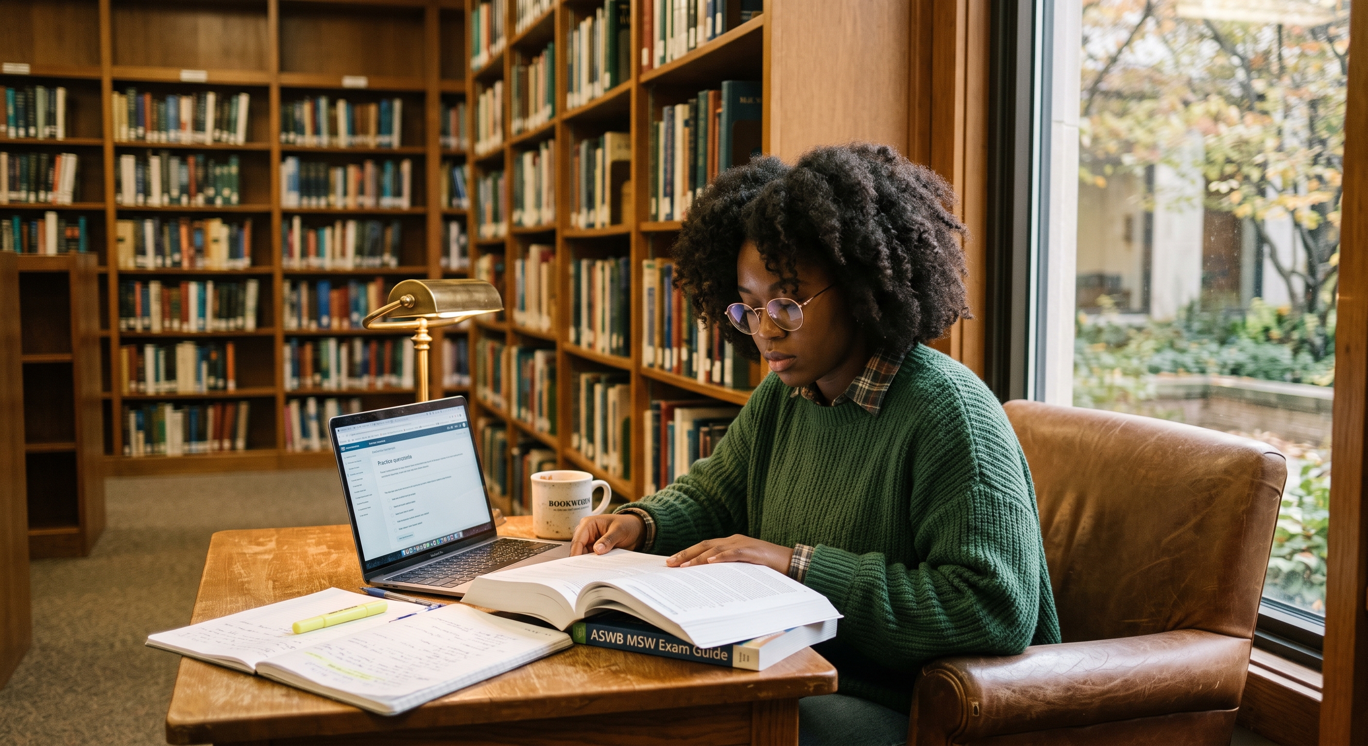 a diverse 20 something student studying for the ASWB exam in a warm library nook setting with a laptop