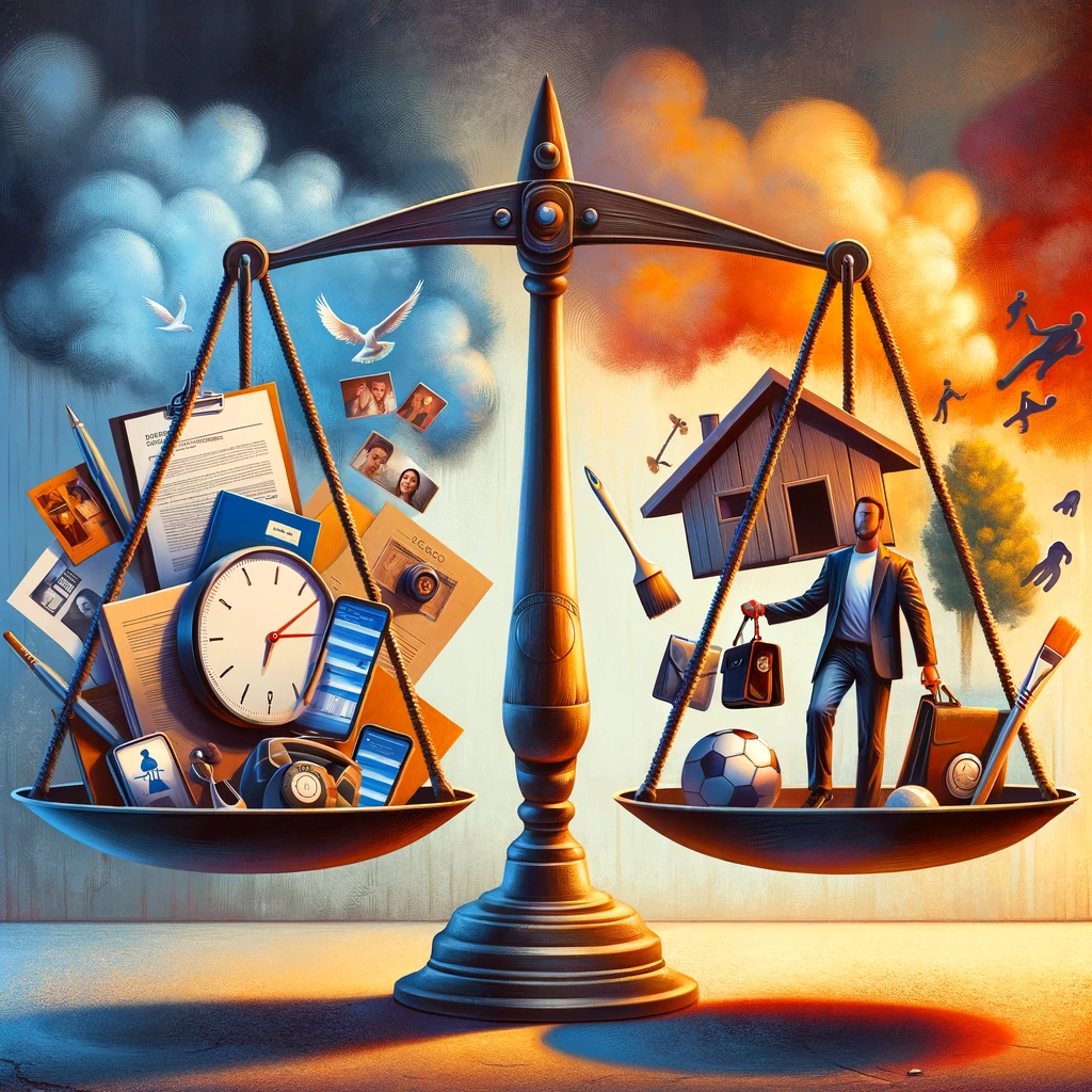 The image created symbolizes a conflict of interest for social workers, depicting the struggle of balancing professional responsibilities with personal interests, highlighted by a tug-of-war between symbolic scales.