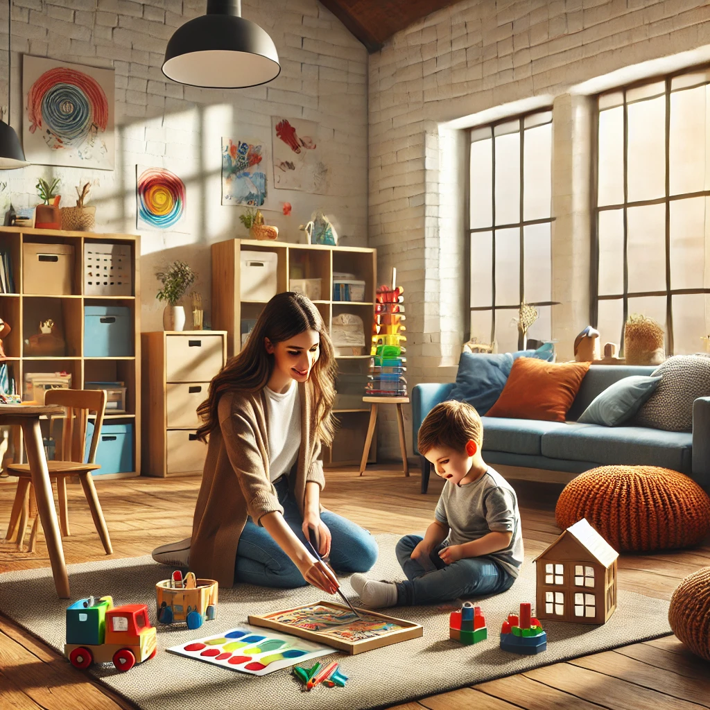 A play therapist working with a child in a fun and welcoming office environment