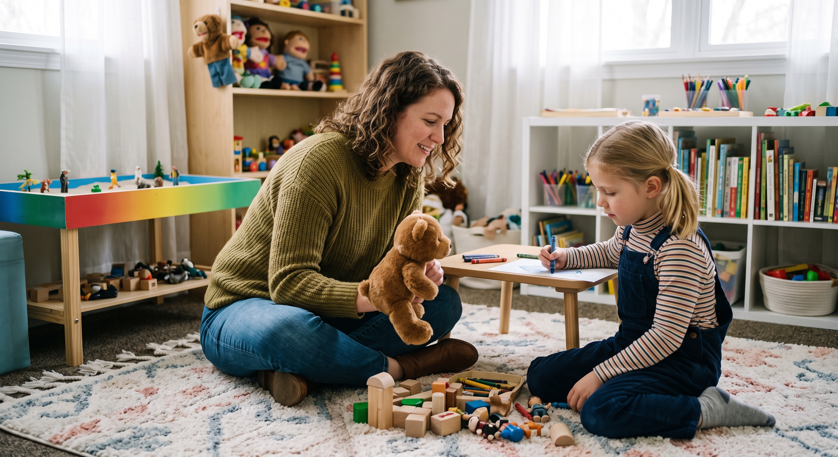a therapist working with a child in a play therapy environment