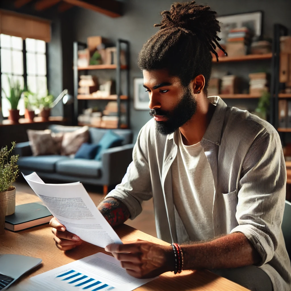 A casually dressed diverse social worker reviewing a report in a relaxed and professional office environment
