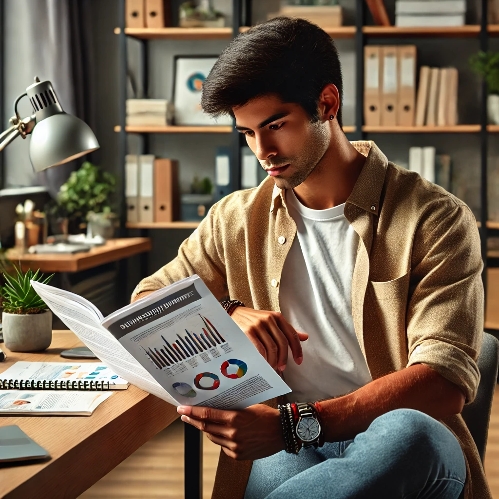 a social worker reading through a report on a study, in a professional and calm office setting. The environment reflects focus and careful analysis