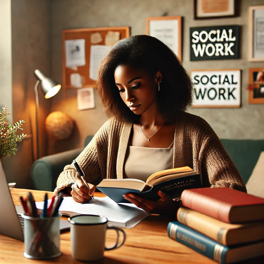 A diverse Black female social worker studying for an exam, focused and determined in her preparation