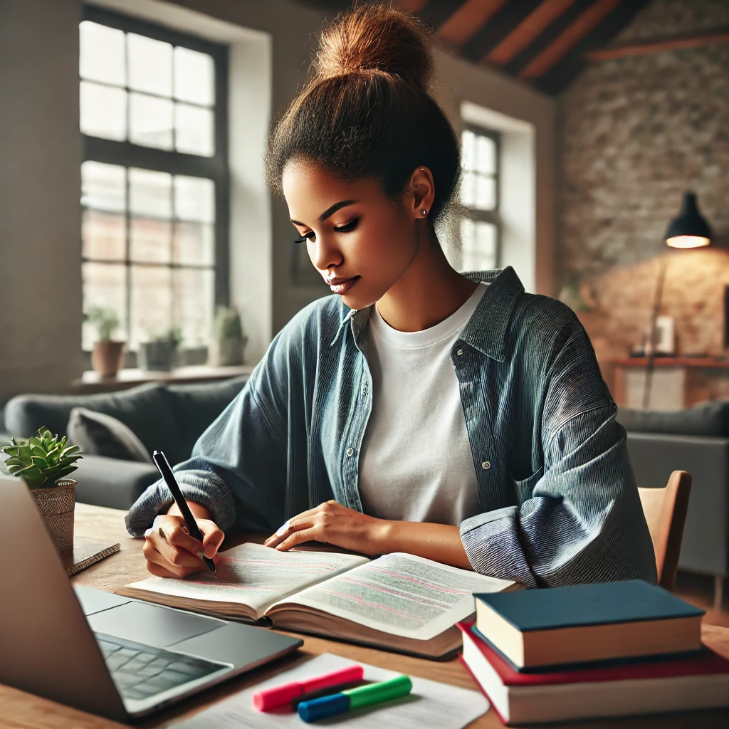 a diverse female social worker studying for an exam, looking focused and determined with her study materials.