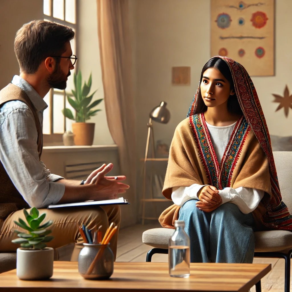 a therapist working with a diverse client from another culture in a welcoming, inclusive office setting. It portrays empathy, respect, and open communication