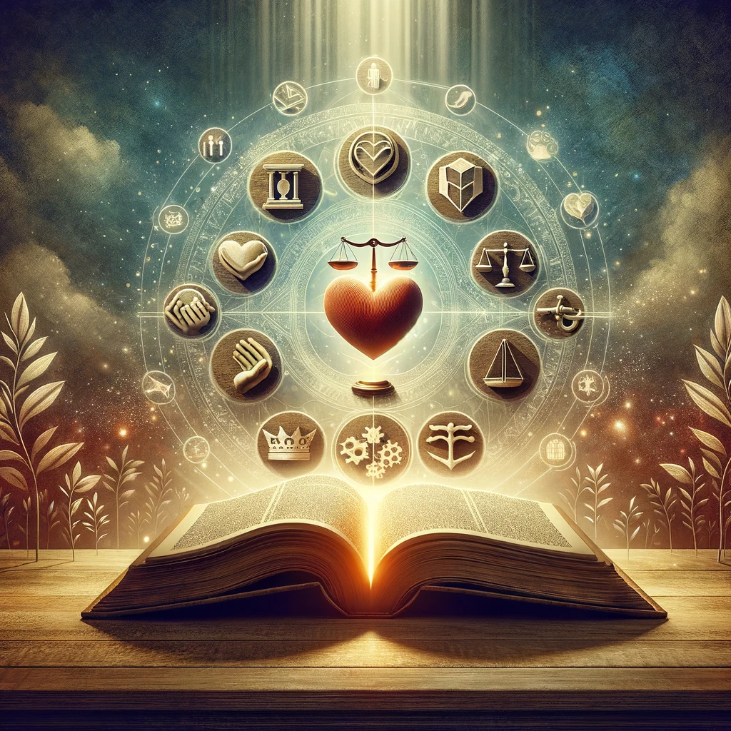 The illustration abstractly represents the Code of Ethics in Social Work, featuring a book that radiates light surrounded by symbols of core ethical values, set against a backdrop that merges tradition with innovation, highlighting the foundational importance of these principles in the profession.