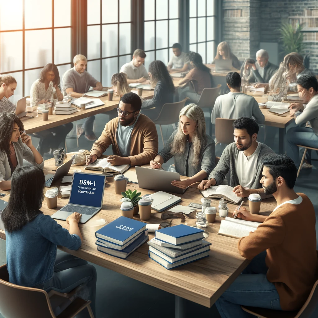 Diverse group of social workers in a photo-realistic setting, deeply engaged in studying for the ASWB exam together.