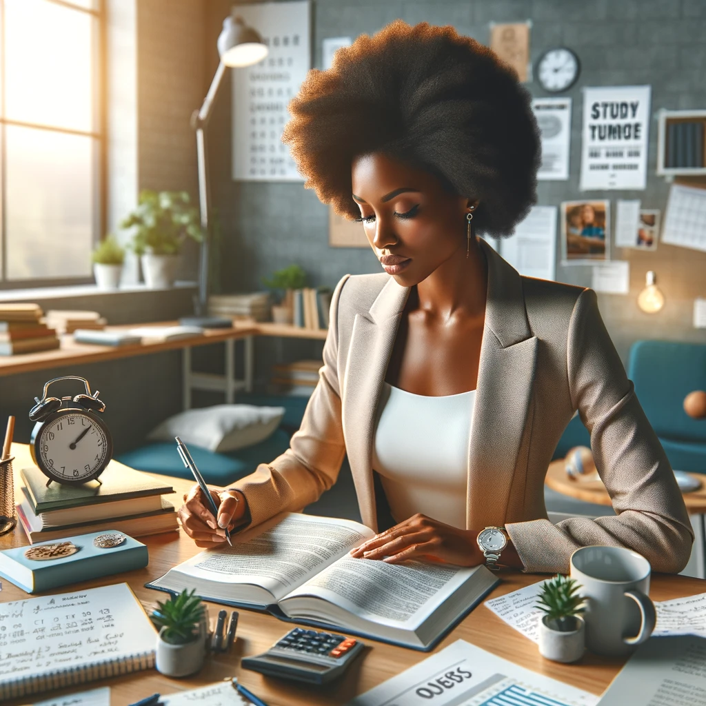 The image showcases a successful and confident black woman studying, highlighting her focus and dedication in an environment that embodies the principle of quality over quantity in learning.