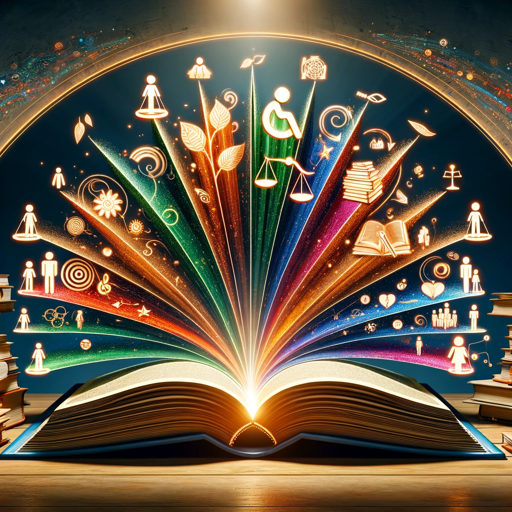 The illustration visualizes the comprehensive content of the ASWB exam, featuring a large, open book surrounded by symbolic icons that represent the varied topics covered by the exam, set within an academic environment to underscore its importance for social workers preparing for certification.