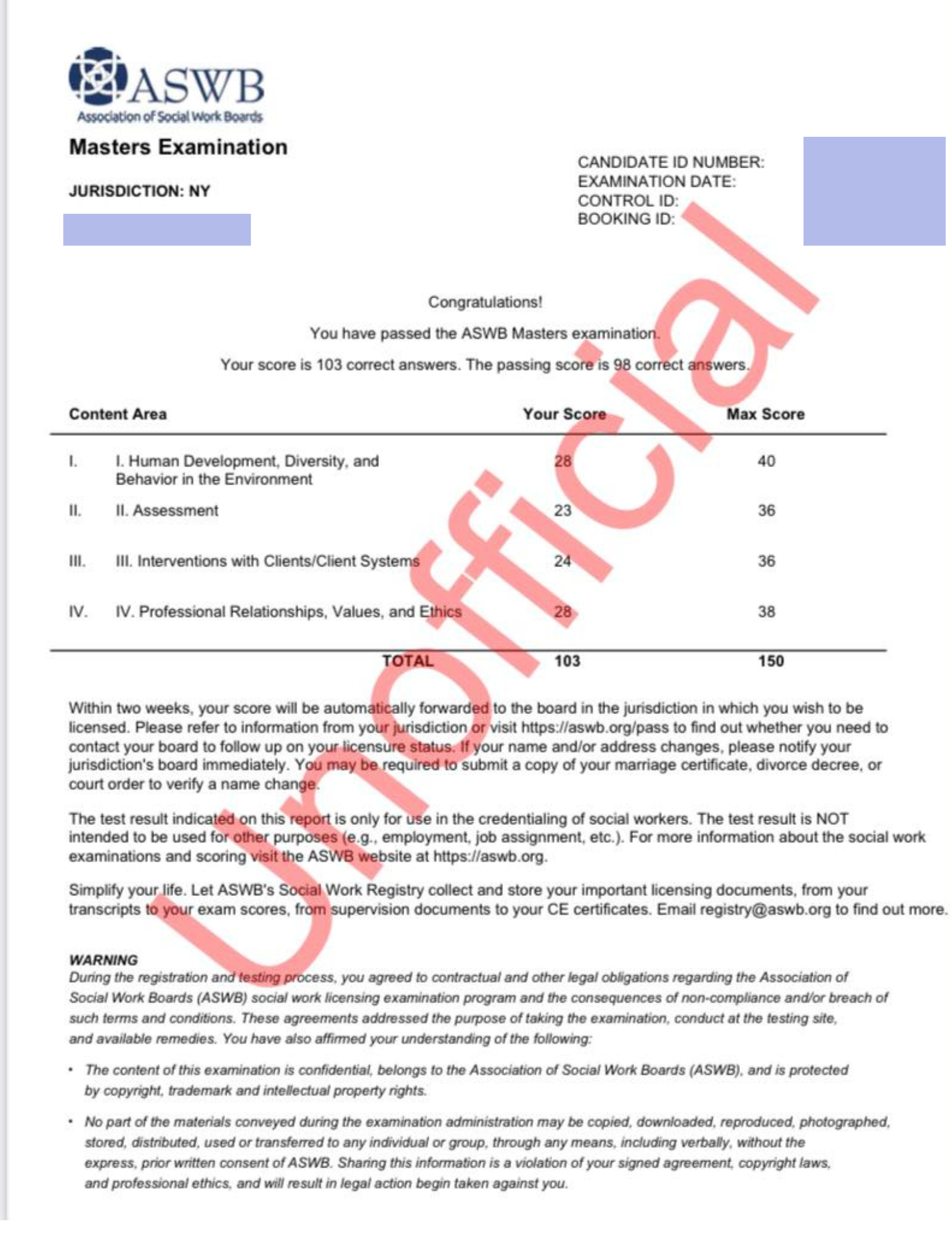 ASWB Exam Score Sheet 2025