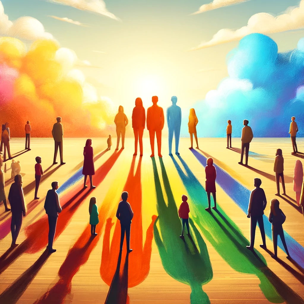 The image offers a simpler, more positive visualization of the concept of Implicit Bias, showcasing a diverse group of people united, casting a shadow that symbolizes the rich, cohesive community formed by their unique backgrounds and experiences. This representation focuses on unity, the positive aspects of diversity, and the potential for growth and enlightenment in understanding and inclusivity.
