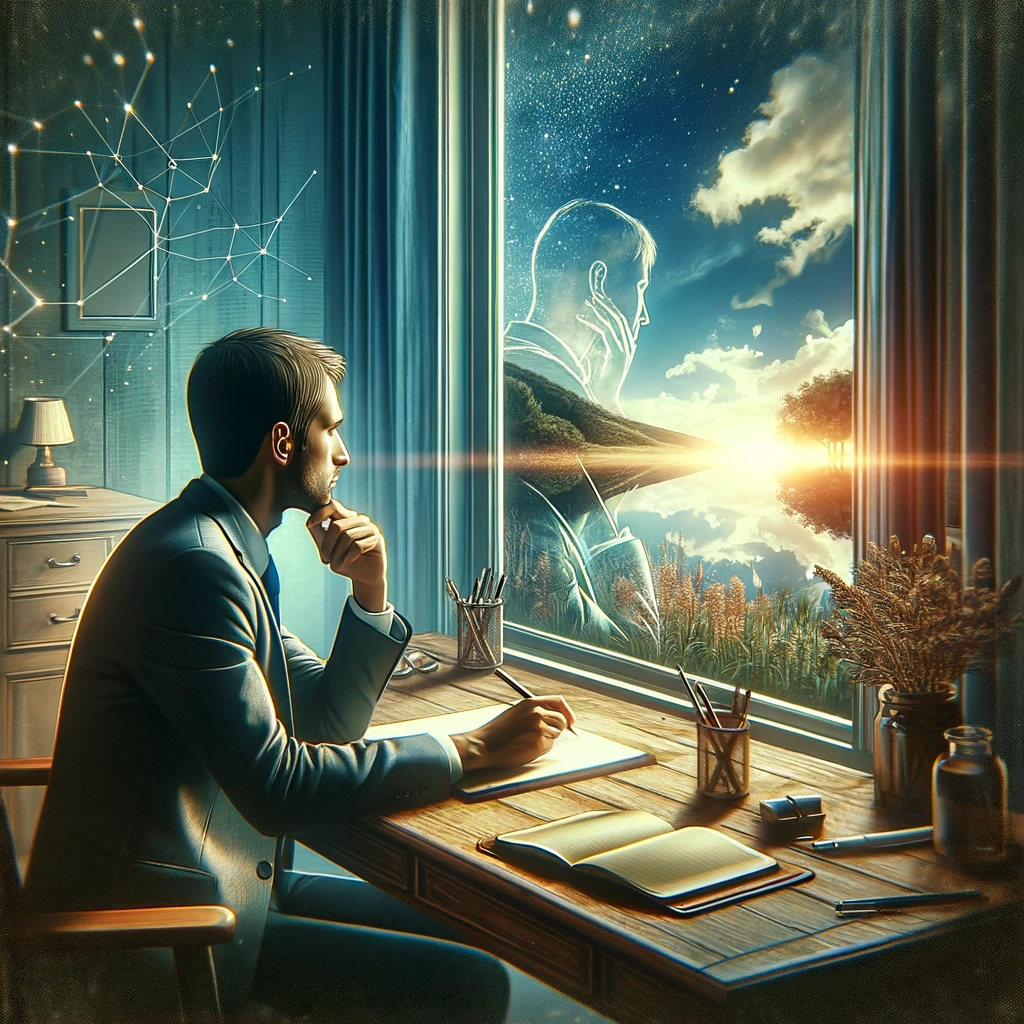 The illustration captures the essence of self-reflection within a professional context, showing a social worker in a moment of quiet introspection, contemplating personal reactions towards clients or situations, with elements that suggest the act of introspection and the importance of self-awareness.