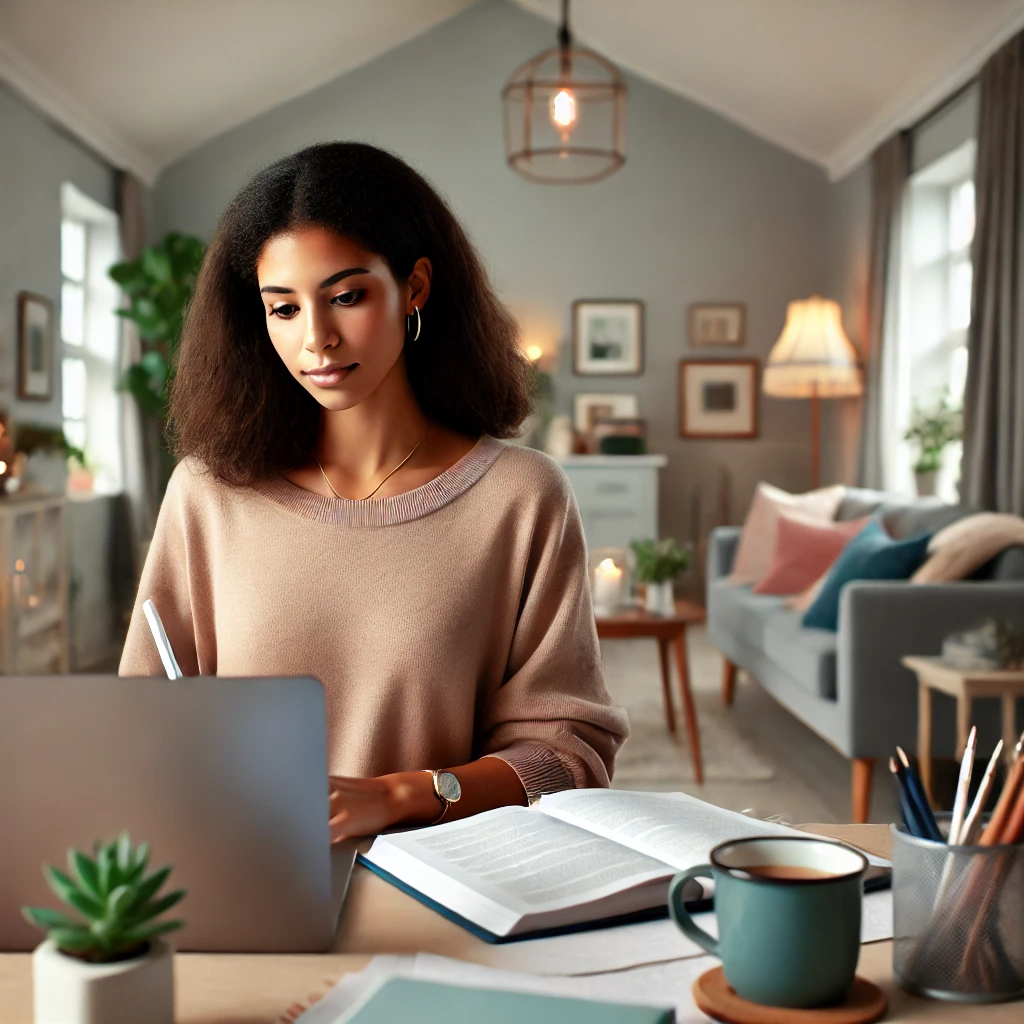 A diverse female social worker studying for an exam in a calm, cozy home environment.