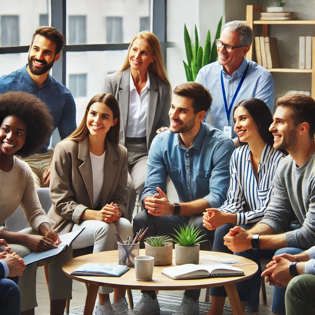 mental healthcare professionals talking together in a collaborative setting.