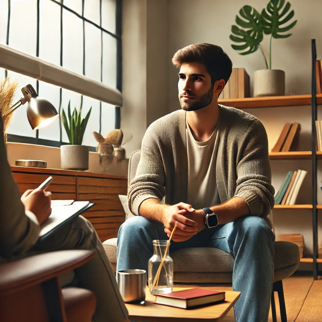 A therapy session with a client and a diverse therapist in a supportive, modern office setting.