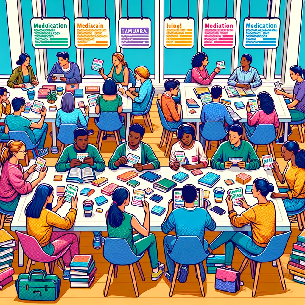 The illustration showcases a diverse group of social work students engaged in a lively study session with flashcards, emphasizing collaboration and the exchange of knowledge in a vibrant and inclusive environment.