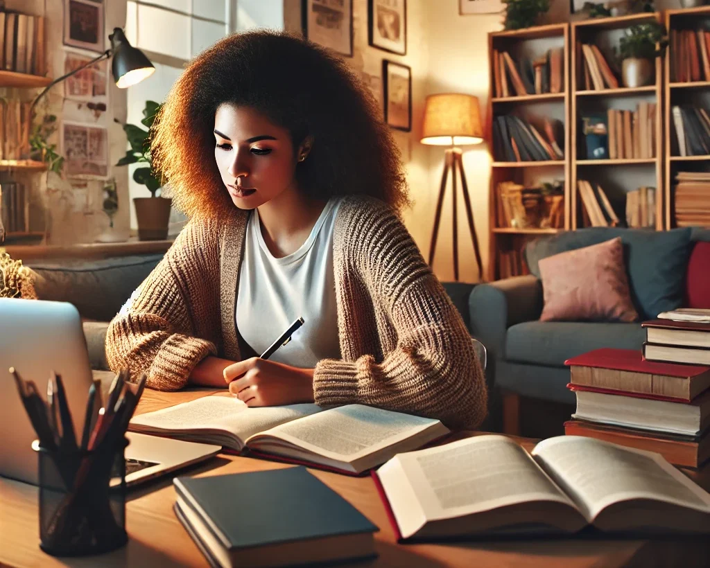 a diverse female social worker studying for an exam in a cozy, focused environment. The atmosphere is warm and conducive to concentration, with books and notes spread around her workspace