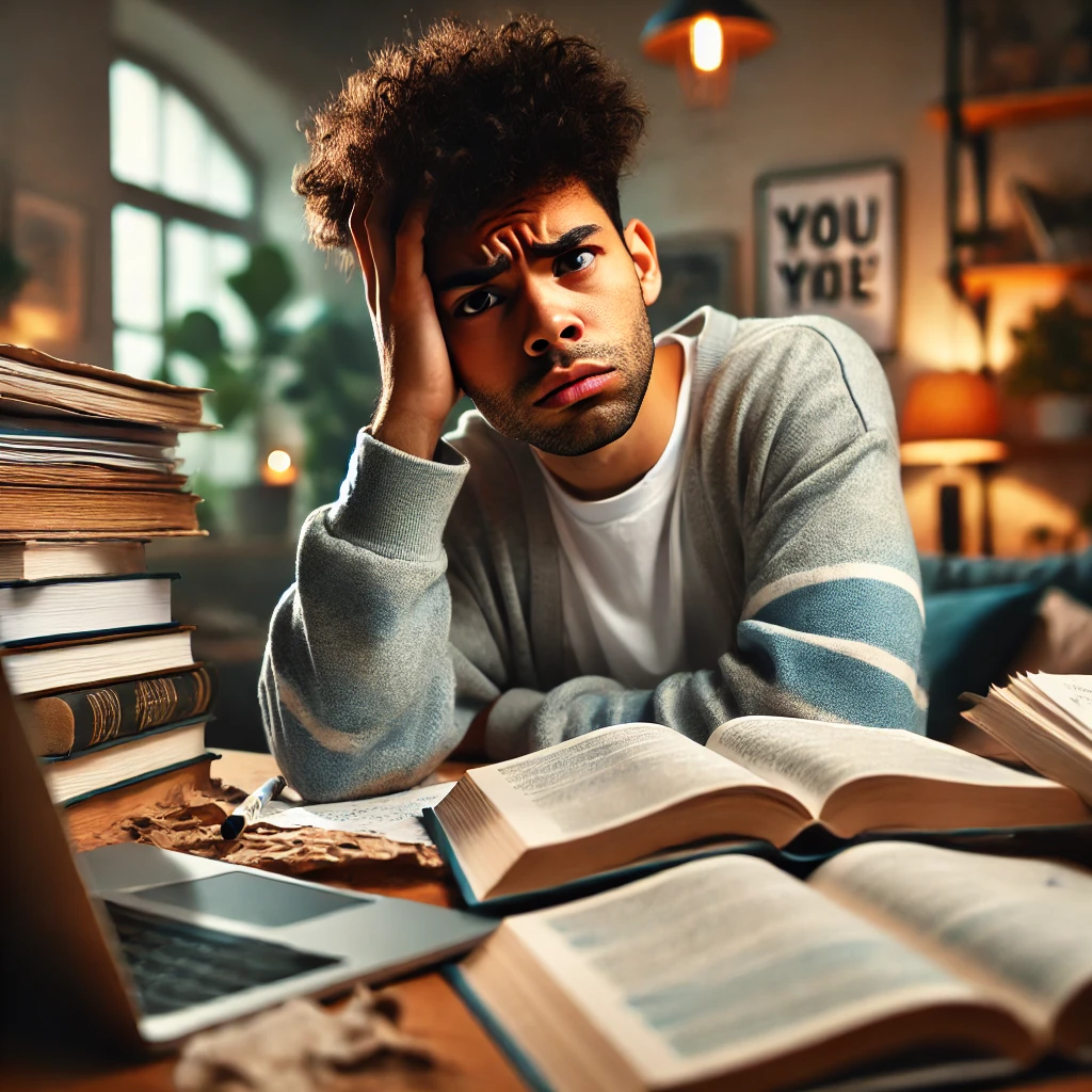 A diverse student looking confused while studying for an exam. The scene captures the frustration of exam preparation, with books and papers spread across a cluttered desk