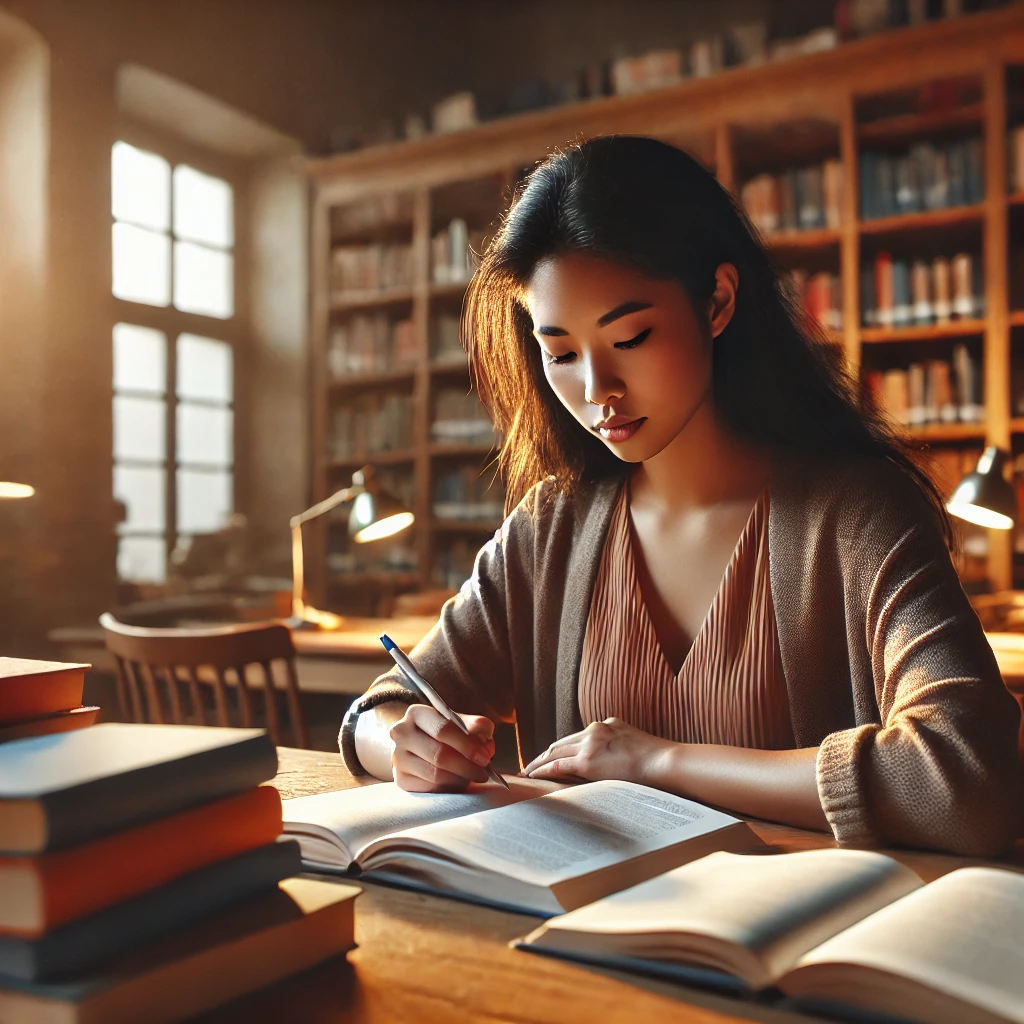 A diverse female social worker studying for an exam in a warm and cozy library setting