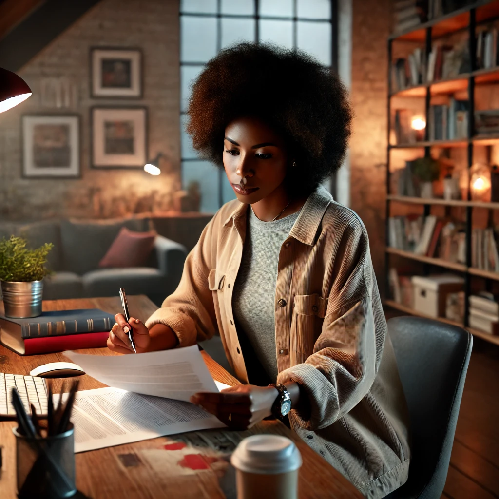 A diverse social worker reviewing a research paper in a cozy office setting