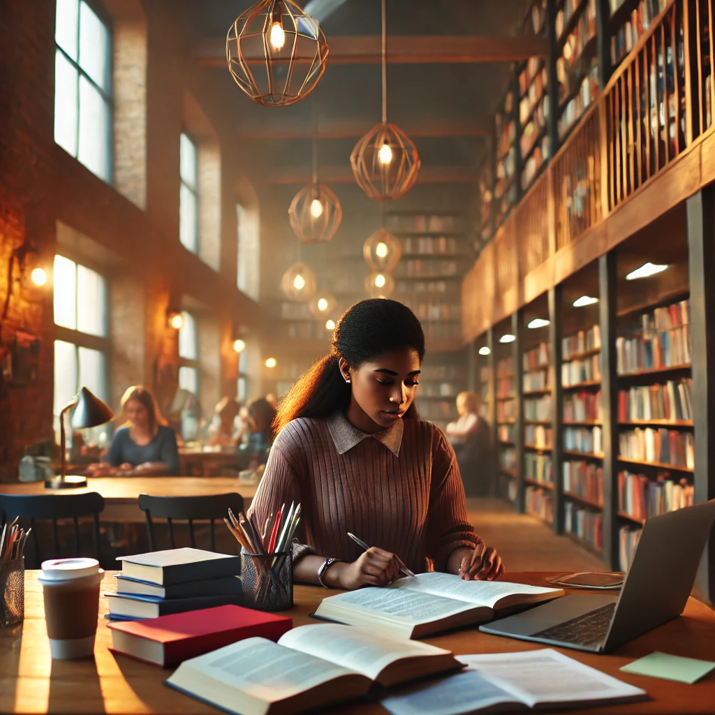 A diverse social worker studying for an exam in a warm, cozy library setting