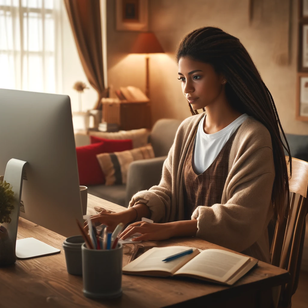 A diverse social worker studying in a cozy environment in front of a computer. The scene captures a warm and productive study space.