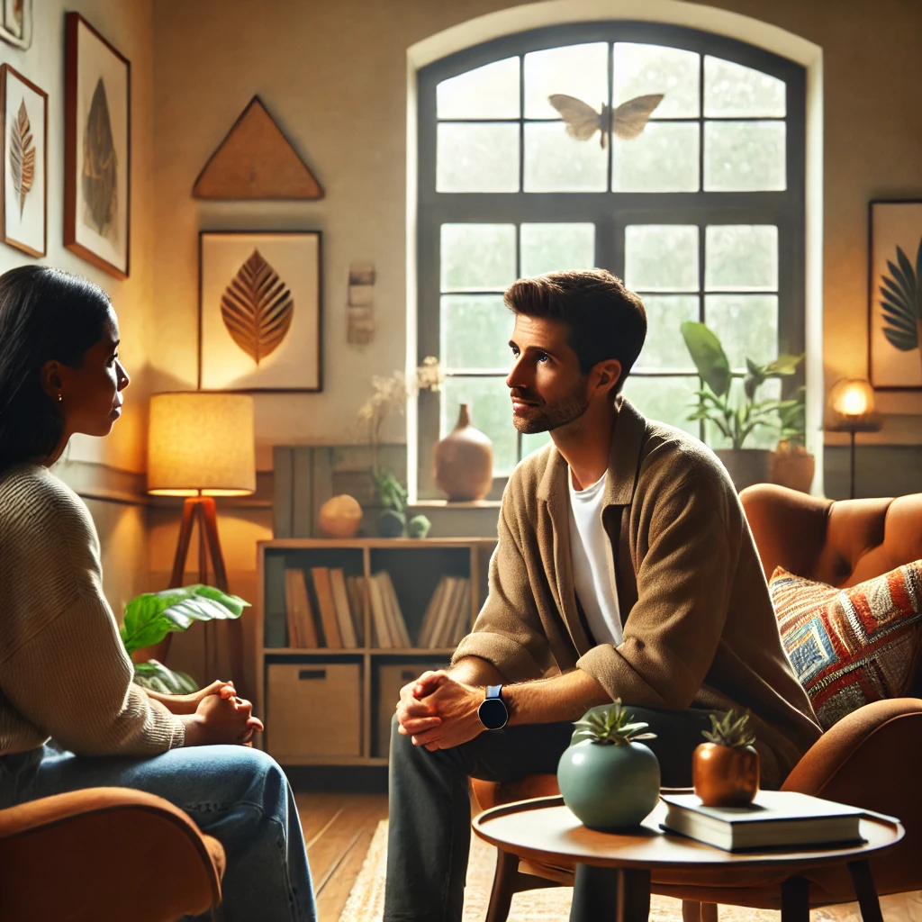 A diverse social worker working with a client in a cozy, warm office environment. The setting reflects empathy and comfort, perfect for engaging with clients