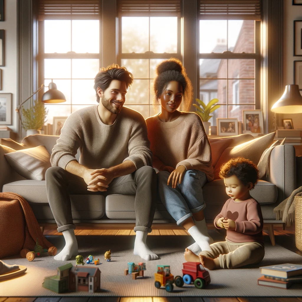 The image depicts a diverse couple with their young child in a warm and cozy environment, highlighting the joy and contentment of family life in a nurturing setting.