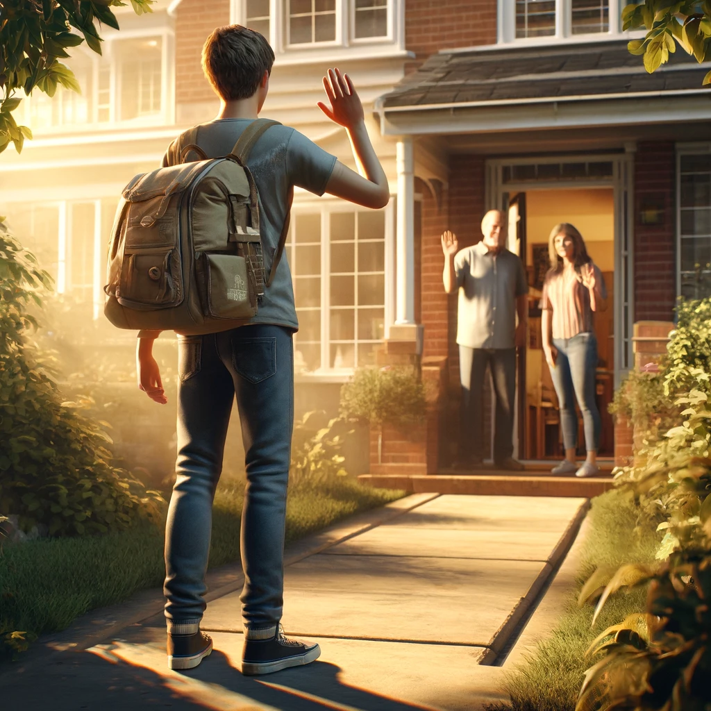 The image portrays a young adult leaving home, capturing a heartfelt moment of transition and independence as they wave goodbye to their parents, set against the backdrop of a nurturing family home in the soft morning light.