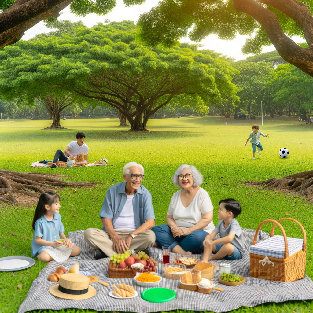 The images depict an elderly couple enjoying a multigenerational picnic with their grandchildren, capturing the joy of family bonding across generations in a lush, green park setting.