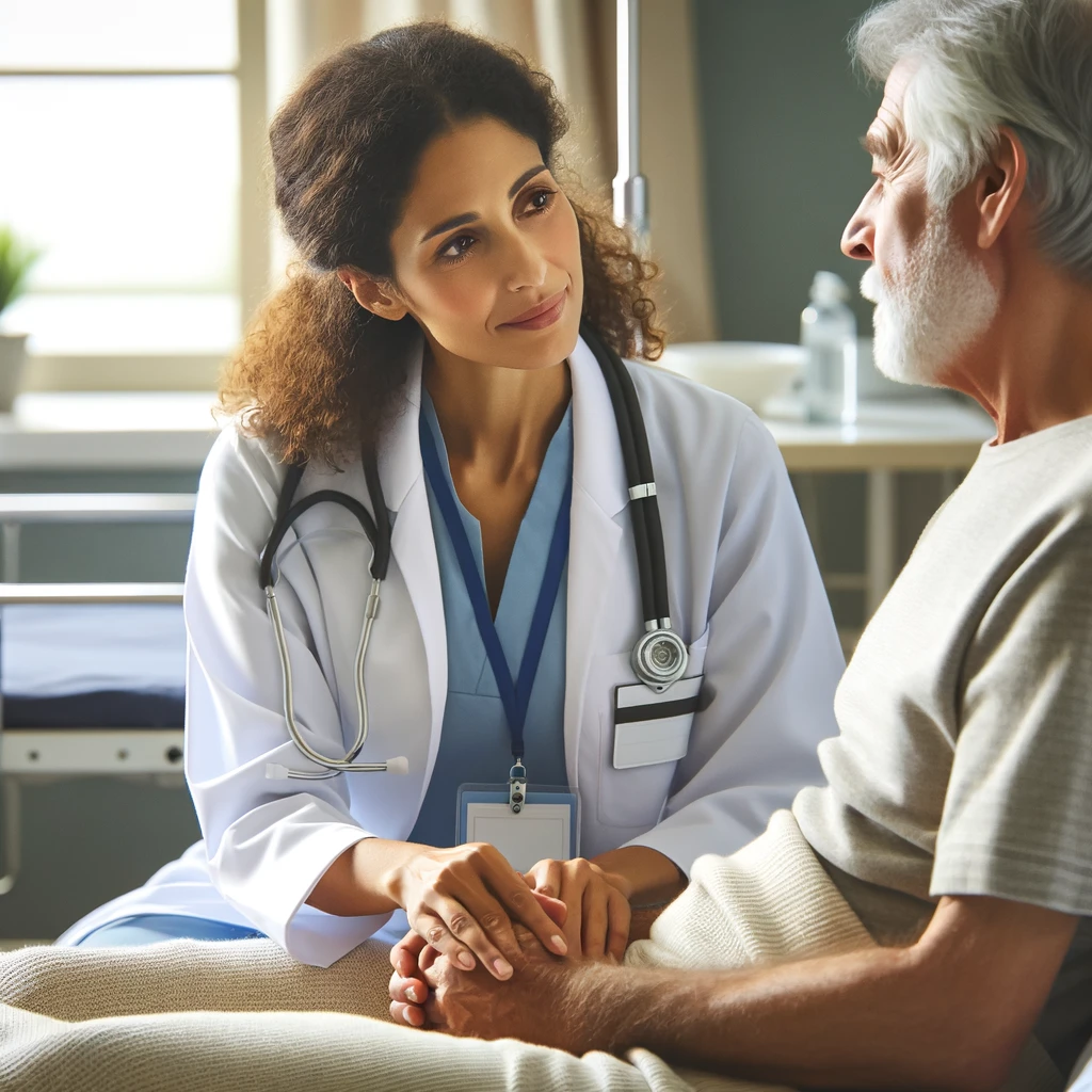 A medical social worker working closely and empathetically with a patient. The scene captures the caring interaction and supportive environment.