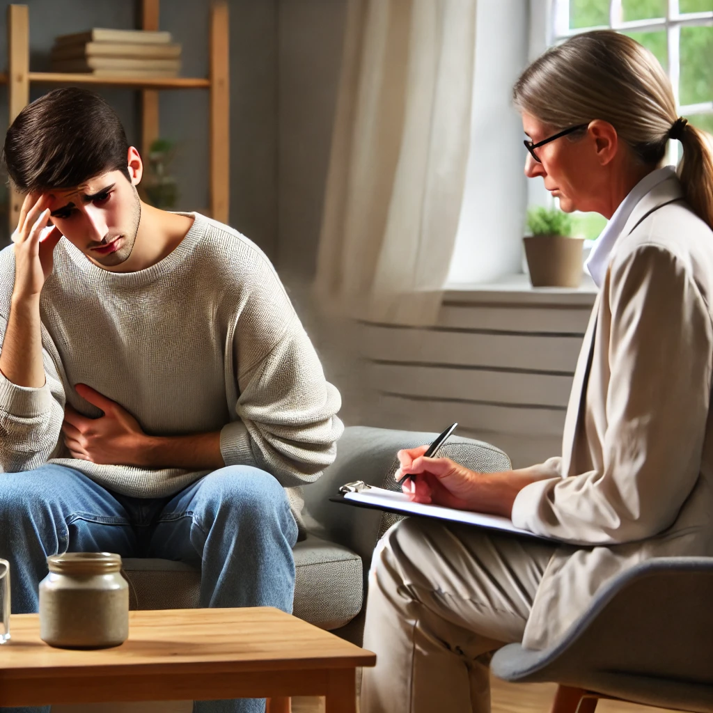 A therapist working with a client experiencing Somatic Symptom Disorder in a calming, comfortable office setting. The therapist is attentively engaged, providing support as the client discusses their physical distress.
