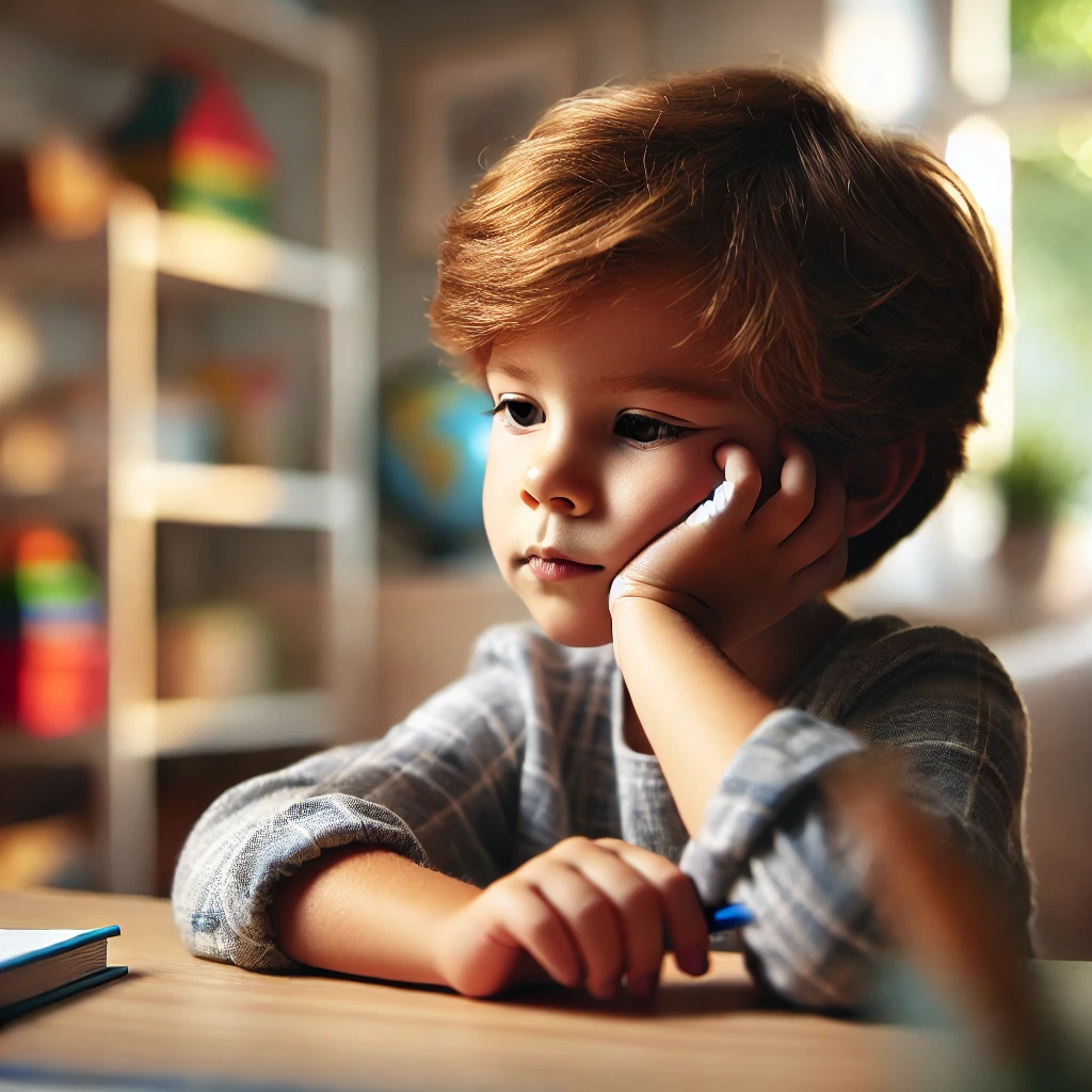 A child deep in thought, as described. The child appears to be reflecting or solving a problem in a learning-focused environment.