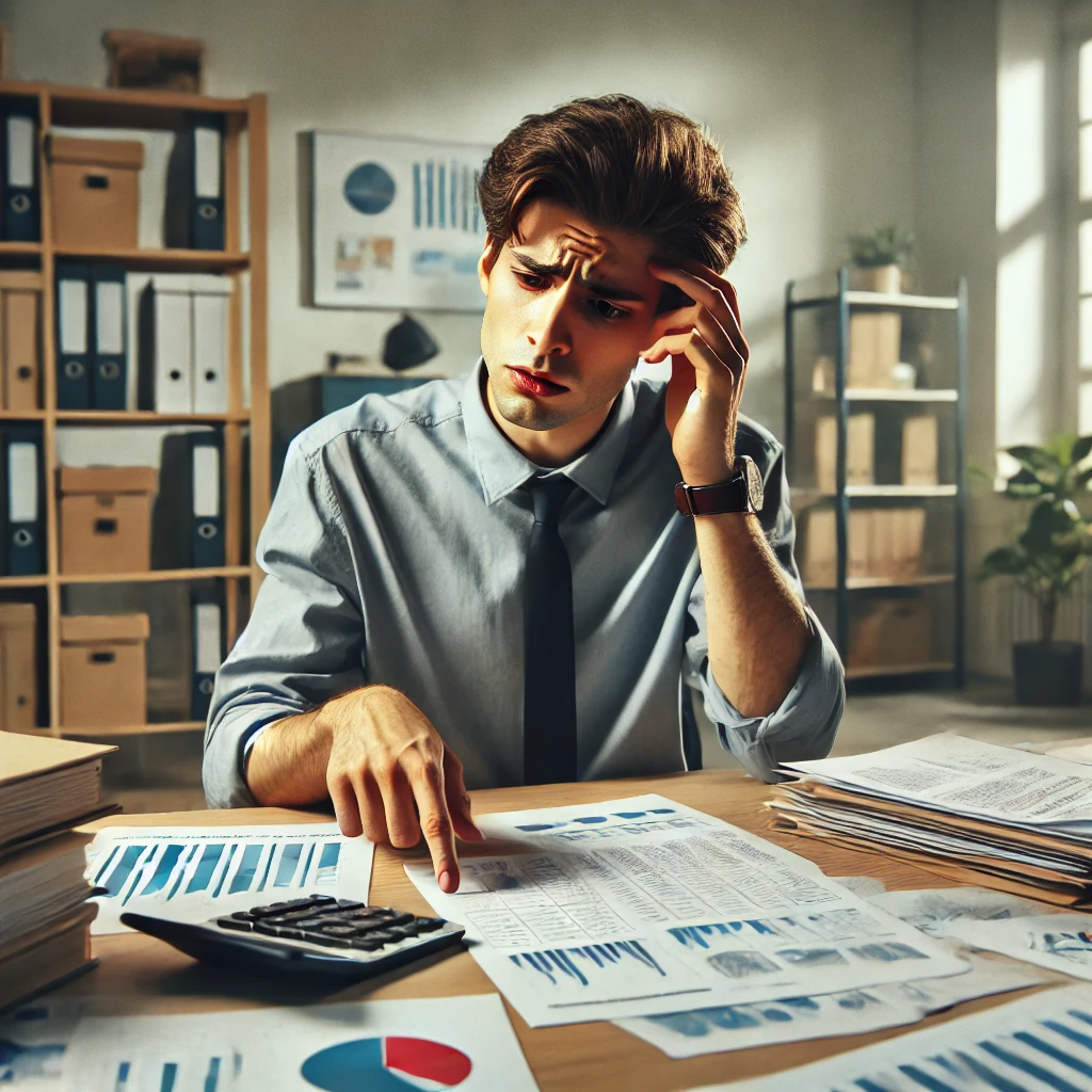 A confused social worker analyzing data in a professional office setting. The social worker's expression reflects the challenge of trying to make sense of the information