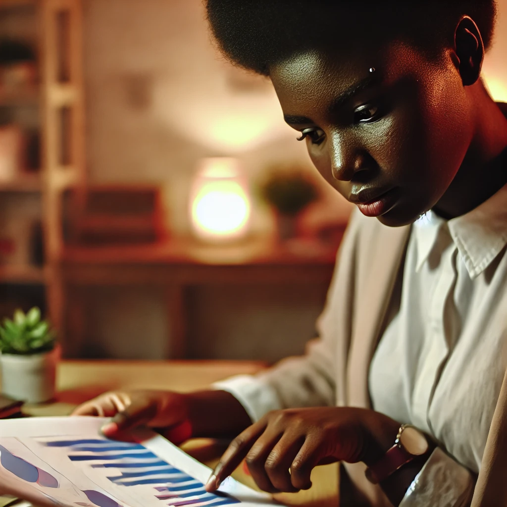 A diverse social worker studying a chart of data in a professional, comfortable office setting. The images capture the focused and thoughtful nature of the social worker as they review and reflect on the data.