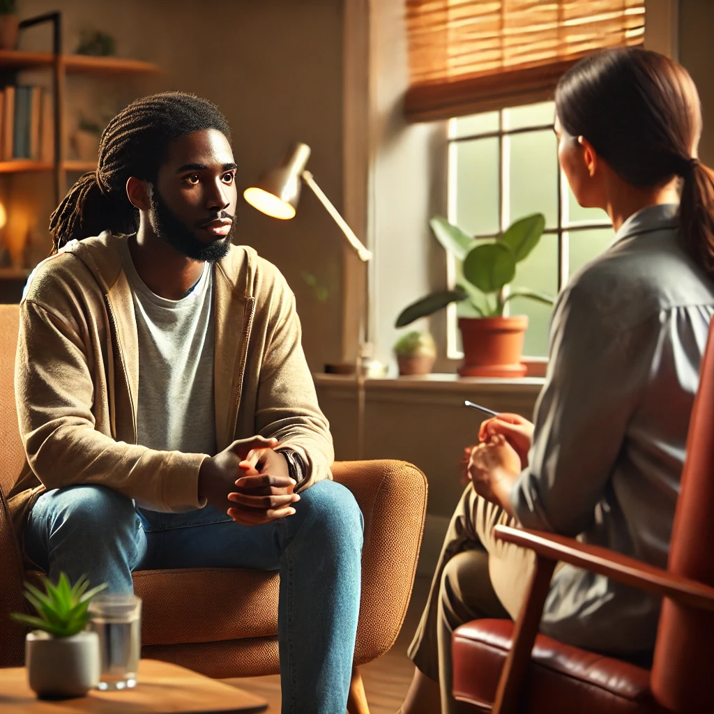 A diverse social worker practicing active listening with a client in a warm and supportive office setting. The environment reflects empathy and understanding, fostering a safe space for the client to share