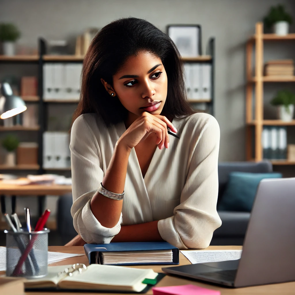 A diverse female social worker deeply thinking about a complex scenario in her office, surrounded by files and study materials. The atmosphere reflects her focus and thoughtfulness.