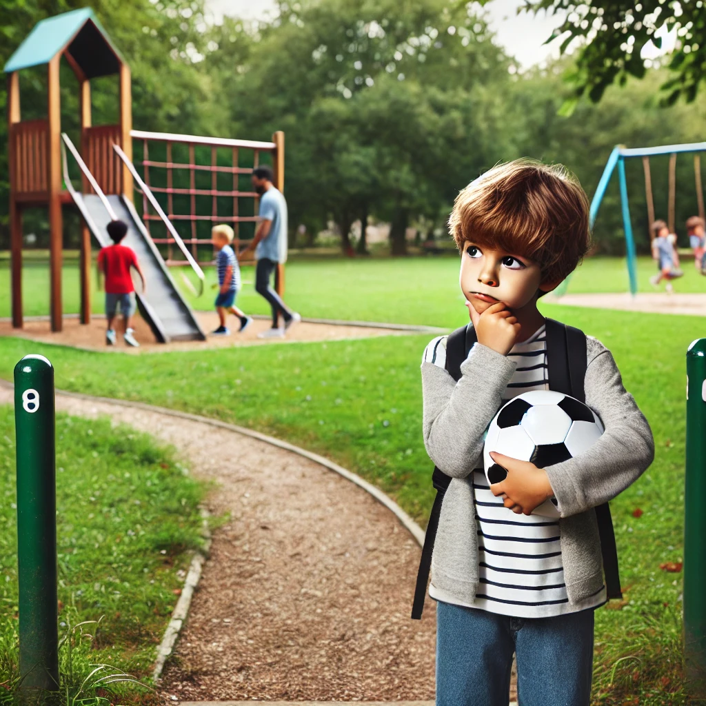 A thoughtful child, soccer ball, and the playground