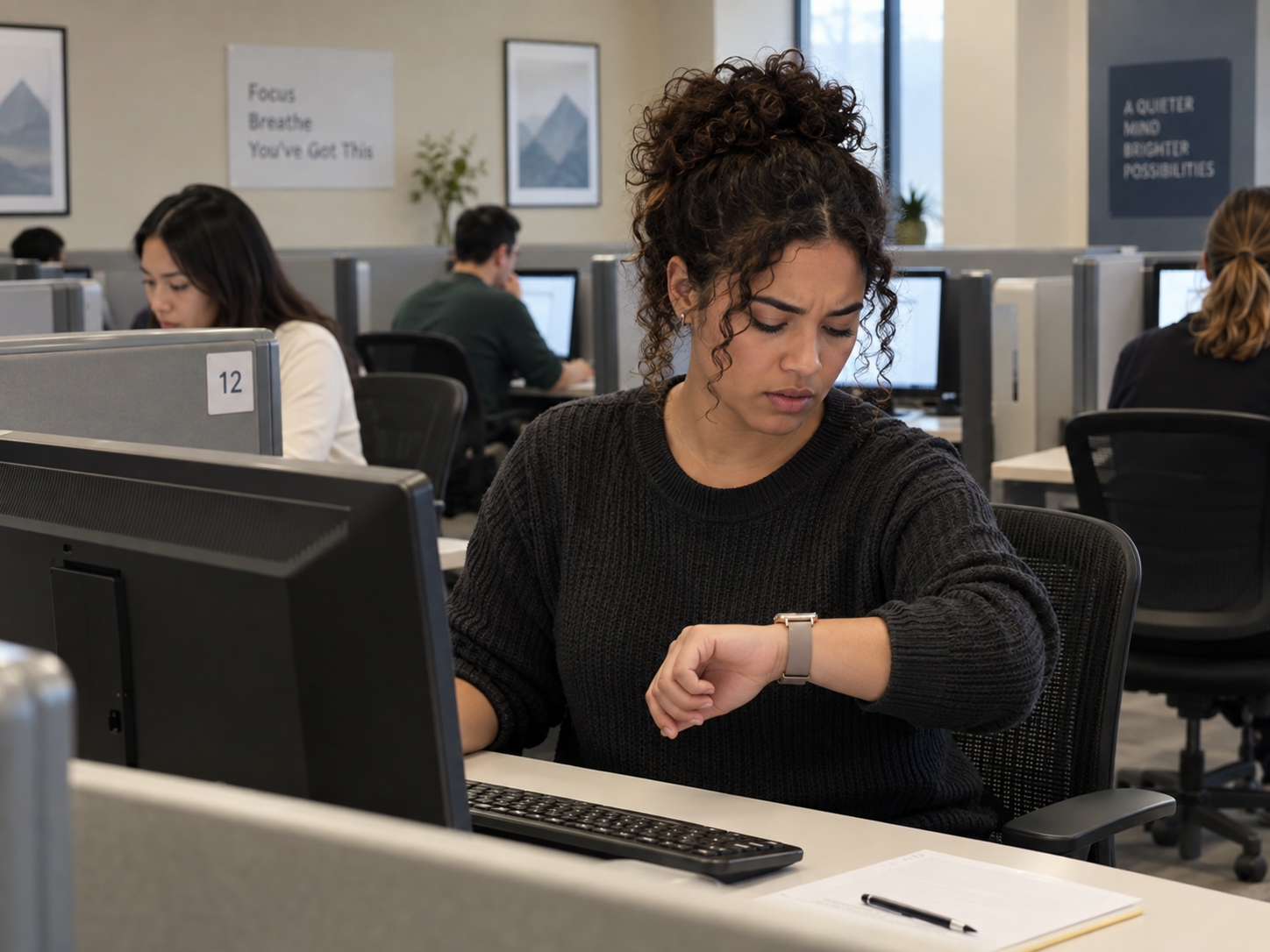 a diverse 20 something taking an exam at a testing center and looking at their watch