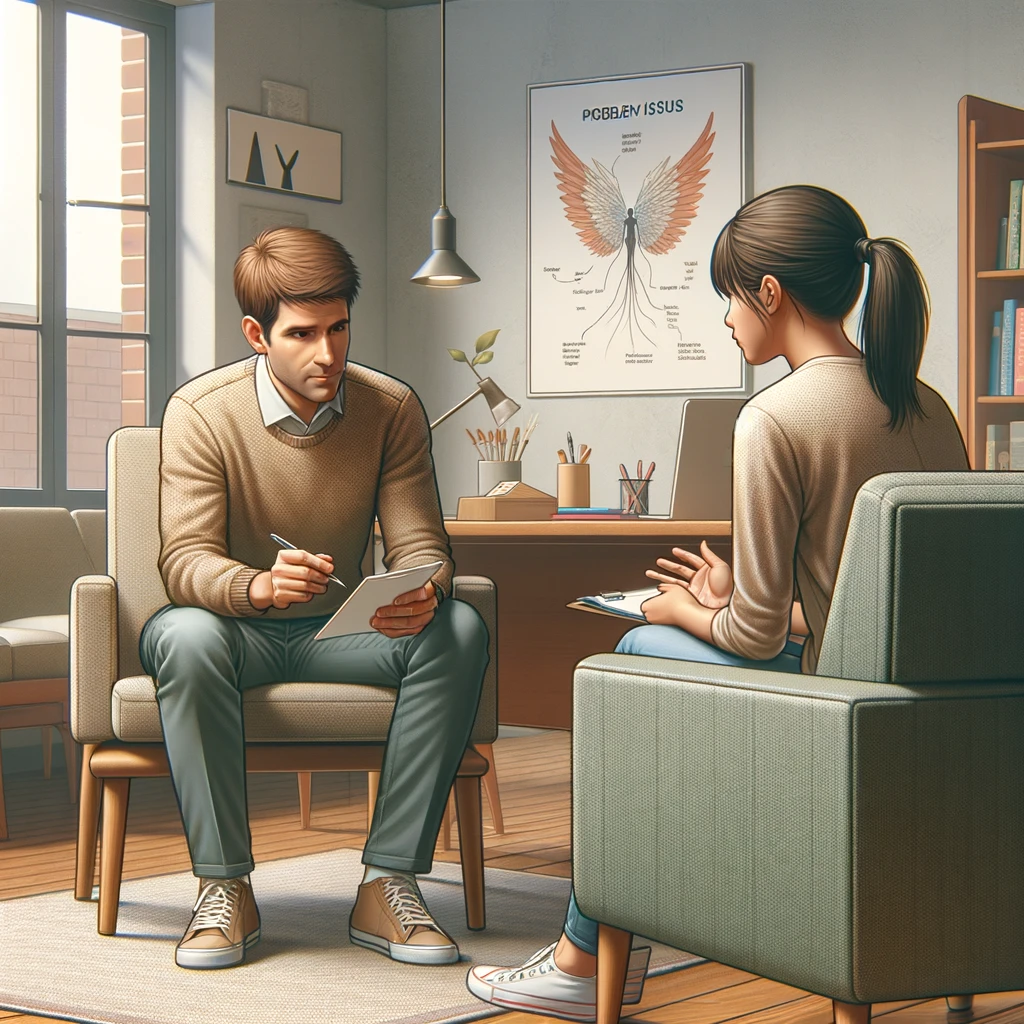 A social worker practicing the technique of partializing. The scene emphasizes the methodical approach to problem-solving, breaking down complex issues into manageable parts