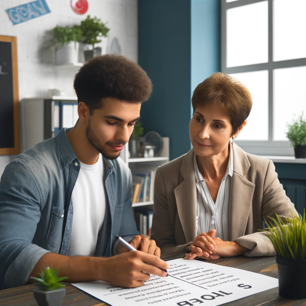 A social worker working closely on setting specific and achievable goals with a client. The scene captures the collaborative and supportive atmosphere of the interaction